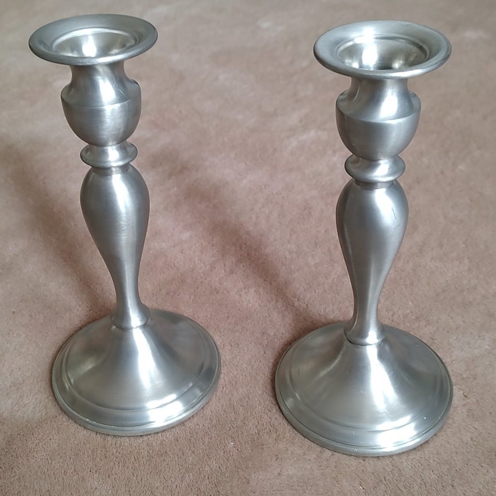 Pair Vintage 1970s Web Pewter Candlestick Holders 8.25" Weighted Bottoms